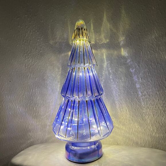 Illuminated Glass Christmas Tree 13.25in Blue & Gold Chic LED Holiday Decor New - Picture 15 of 15